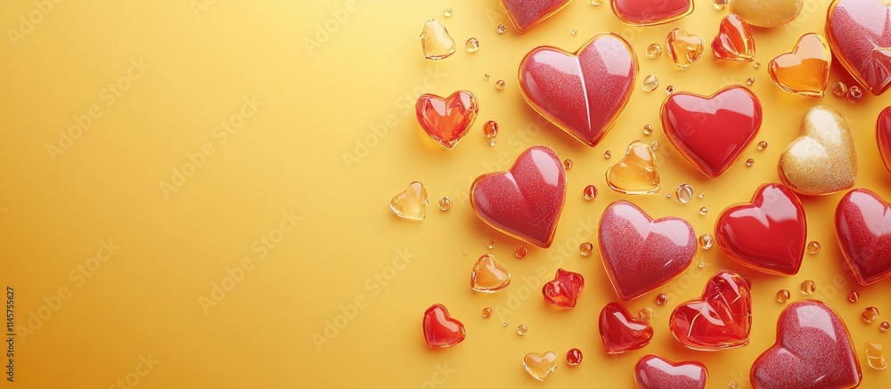Valentine's Day backdrop with colorful heart-shaped candies on a cheerful yellow background ideal for romantic designs and greeting cards Valentine's Day backdrop with colorful heart-shaped candies on a cheerful yellow background ideal for romantic designs and greeting cards