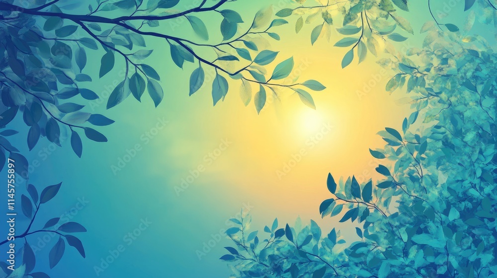 Serene tree branches and vibrant leaves silhouetted against a colorful sky with sunlight creating a tranquil, nature-inspired atmosphere Serene tree branches and vibrant leaves silhouetted against a colorful sky with sunlight creating a tranquil, nature-inspired atmosphere