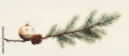 Spruce branch with Christmas ornament and pinecone showcasing festive seasonal decor and nature elements on a light background