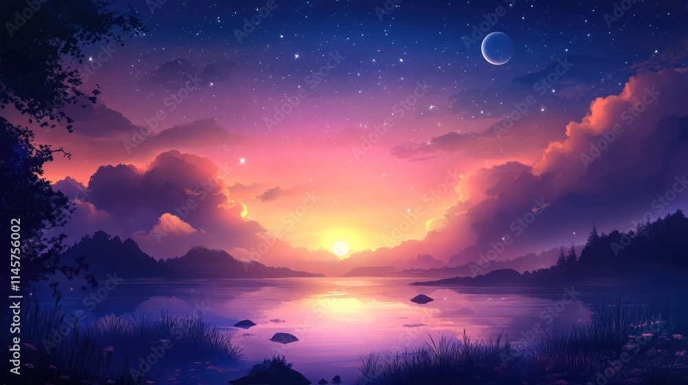 Fototapeta premium Stunning twilight sky over tranquil lake with vibrant colors and starry night landscape scene