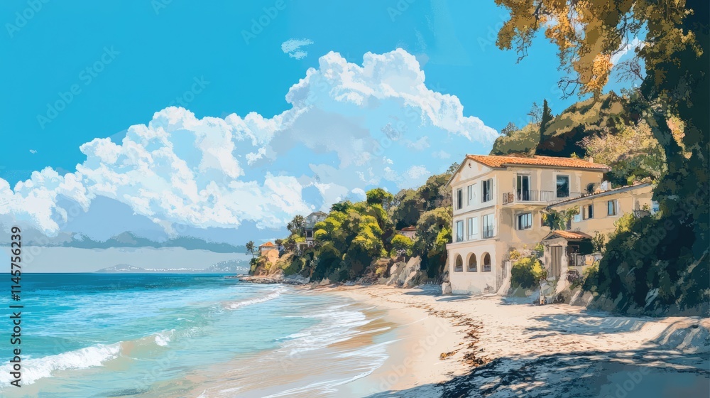 Seaside property with scenic beach and vibrant sky creating a tranquil coastal landscape ideal for vacation or real estate marketing. Seaside property with scenic beach and vibrant sky creating a tranquil coastal landscape ideal for vacation or real estate marketing.