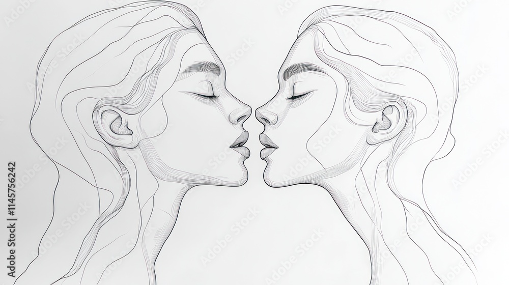 A minimalist line drawing of two women facing each other, emphasizing connection and intimacy. A minimalist line drawing of two women facing each other, emphasizing connection and intimacy.