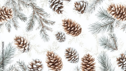 Natural winter pattern featuring fir branches and pine cones on a white background ideal for festive designs and seasonal decorations