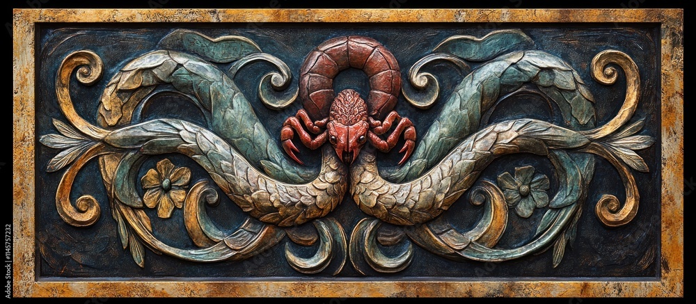 A decorative relief featuring two serpentine creatures with a central crab motif. A decorative relief featuring two serpentine creatures with a central crab motif.