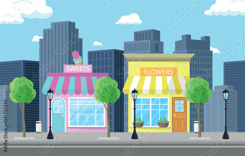 Flower and confectionery shop against the background of skyscrapers. City buildings concept.
