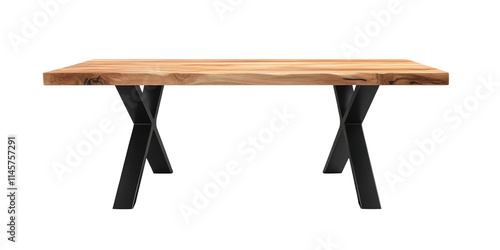 Long wooden table with steel legs, simple style, isolated on white background.