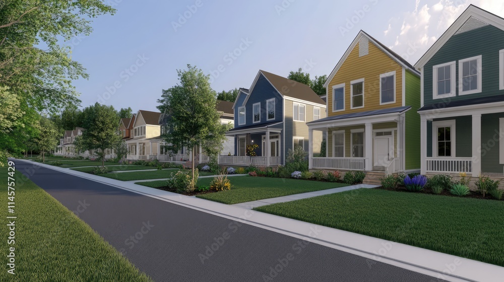 Charming row of colorful modern houses in a suburban neighborhood on a sunny day with manicured lawns and walking paths Charming row of colorful modern houses in a suburban neighborhood on a sunny day with manicured lawns and walking paths