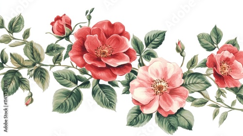 Vintage floral illustration of wild roses with delicate leaves on a white background, perfect for nature-themed designs and decor.
