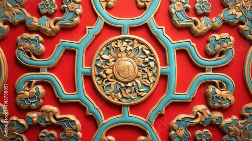 Intricate Oriental ornament design featuring vibrant colors and detailed floral motifs on a contrasting red background