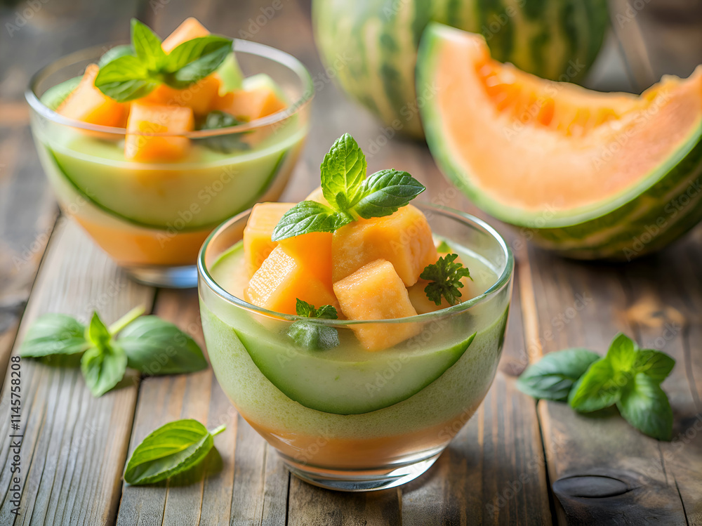 Refreshing Melon and Mint Dessert in Glass Bowls. Refreshing Melon and Mint Dessert in Glass Bowls.