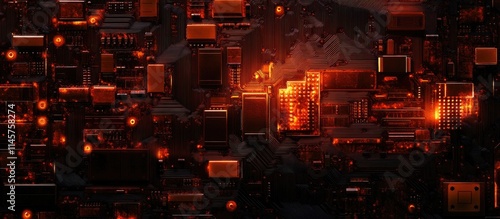 Abstract electronic circuit board texture in dark orange hues showcasing technology and design elements for digital backgrounds and graphics. photo