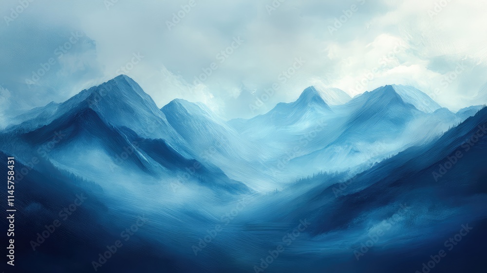 Fototapeta premium Serene Blue Misty Mountainscape in the Coast Mountains of British Columbia with layers of fog and ethereal natural beauty.