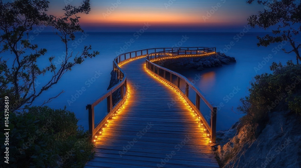 Fototapeta premium Serene walkway by the ocean at twilight.
