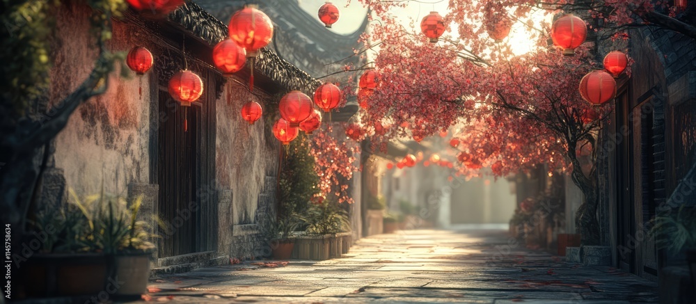 Obraz premium Tranquil alleyway illuminated by red lanterns surrounded by blooming cherry blossom trees in a serene, picturesque setting.