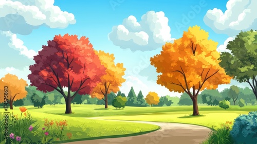 Autumn park landscape with colorful trees and a bright blue sky filled with fluffy clouds creating a serene natural setting.