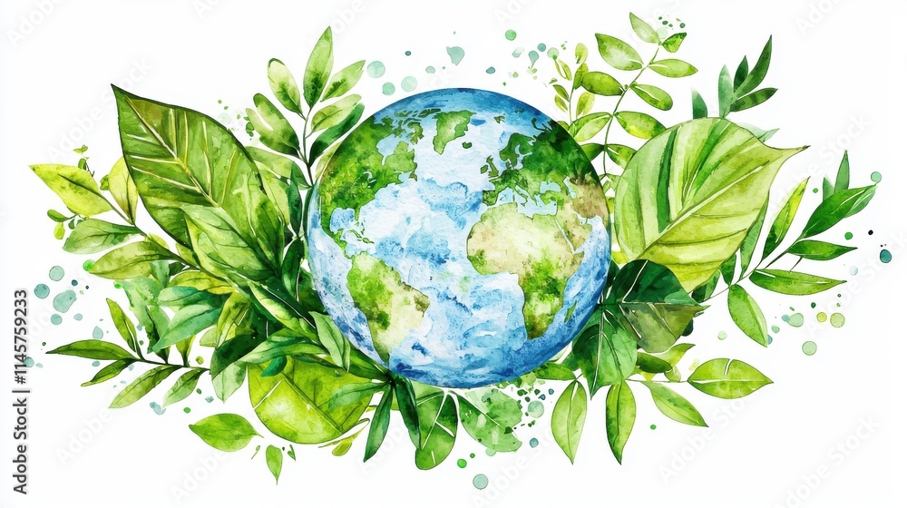 A vibrant illustration of Earth surrounded by lush green leaves, symbolizing nature and environmental awareness. A vibrant illustration of Earth surrounded by lush green leaves, symbolizing nature and environmental awareness.