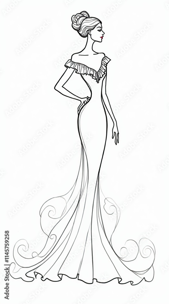 Minimalist One-Line Drawing of Woman in Flowing Dress with Dramatic Train Minimalist One-Line Drawing of Woman in Flowing Dress with Dramatic Train