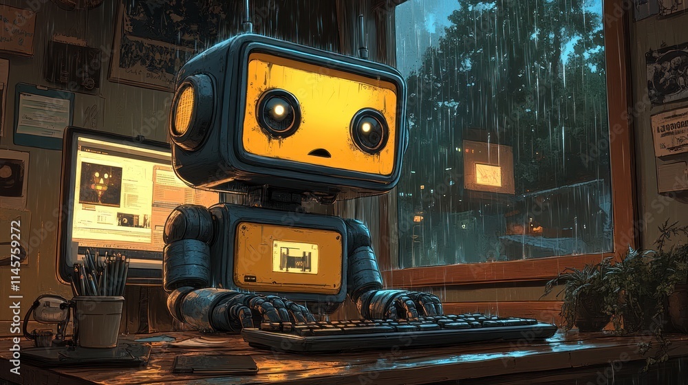 Robot working at a computer during rain. Robot working at a computer during rain.