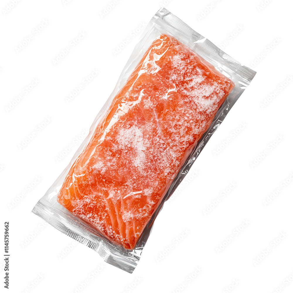 Frozen salmon fillet packaged with transparent background seafood studio environment close-up view