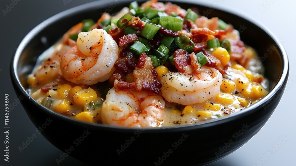 Creamy shrimp and corn chowder with bacon and green onions in a black bowl. Creamy shrimp and corn chowder with bacon and green onions in a black bowl.