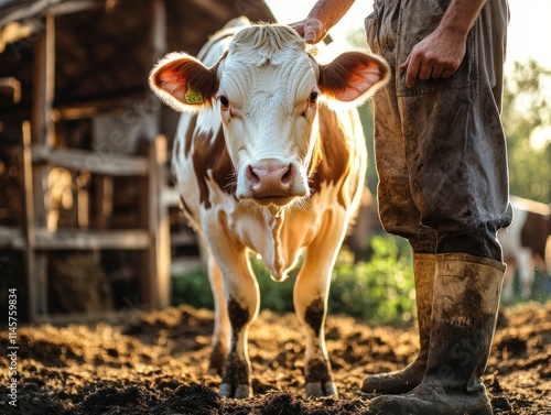 A farmer interacts with a cow in a rural setting, highlighting agriculture and livestock care.