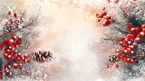 A gentle watercolor wash in shades of green, red, and white, with faint silhouettes of Christmas trees and snowflakes, creating a holiday photo frame.