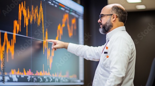 A professional analyzing financial data on a large screen, showcasing graphs and trends with a focus on investment strategies.