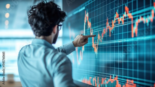 A man analyzes data on a digital screen, pointing at fluctuating stock market graphs in a modern office environment.