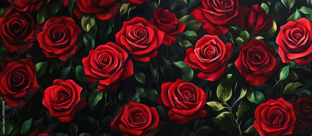 Vibrant Crimson Roses with Lush Green Leaves Creating a Romantic Floral Background for Invitations and Decor Vibrant Crimson Roses with Lush Green Leaves Creating a Romantic Floral Background for Invitations and Decor