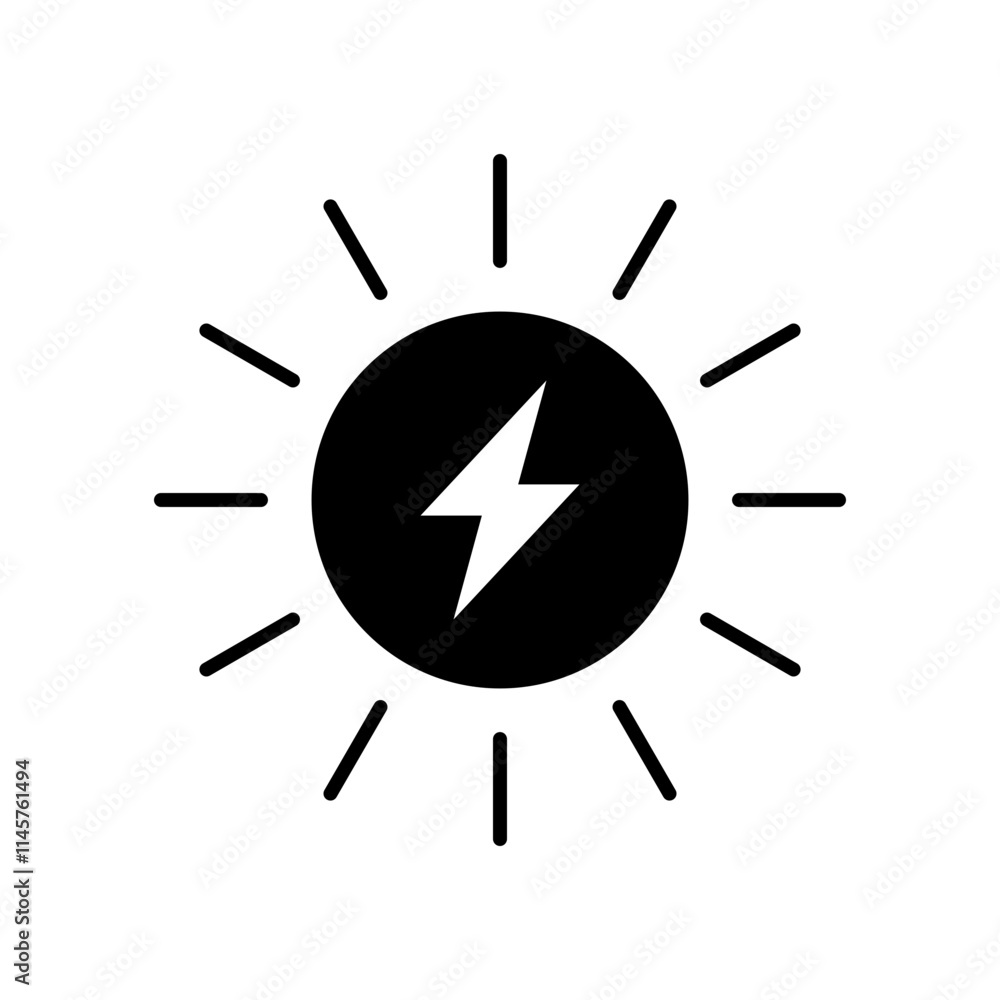 Solar power icon. Simple solid style. Energy, sun and lightning, electric, nature, innovation, sustainability, environment concept. Black silhouette, glyph symbol. Vector illustration isolated. Solar power icon. Simple solid style. Energy, sun and lightning, electric, nature, innovation, sustainability, environment concept. Black silhouette, glyph symbol. Vector illustration isolated.