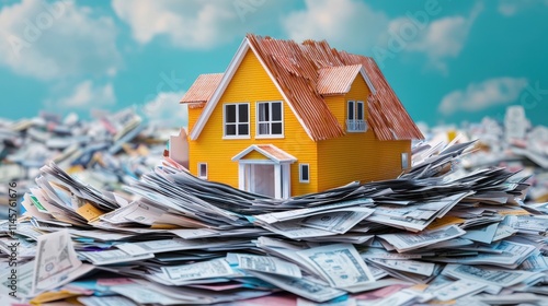 A vibrant yellow house surrounded by piles of money, symbolizing wealth and real estate investment opportunities. photo