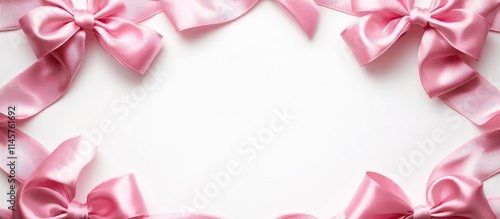 Elegant pink silk bows and ribbons frame on a white background perfect for invitations or decorative designs.