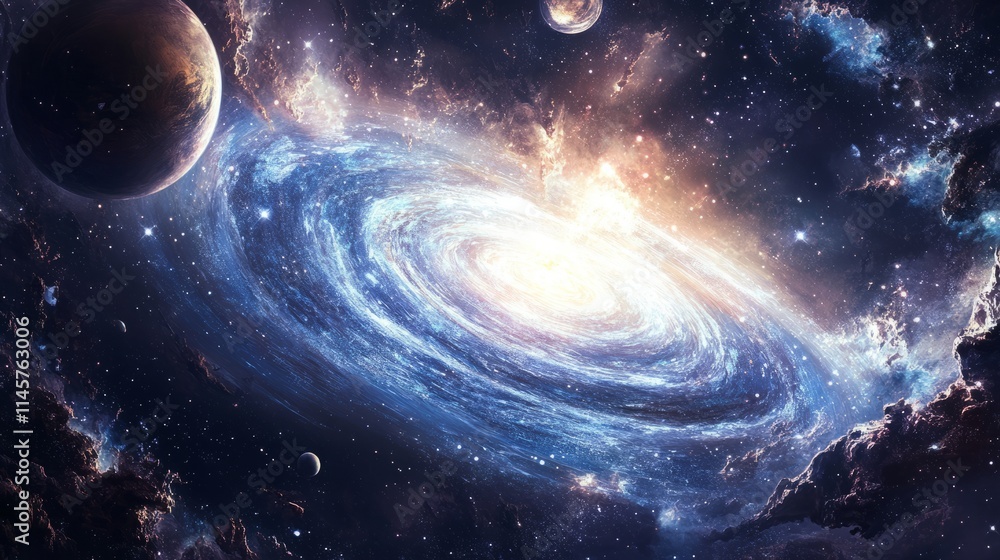 A swirling galaxy with planets and stars in vibrant flat colors, great for sci-fi or inspirational topics A swirling galaxy with planets and stars in vibrant flat colors, great for sci-fi or inspirational topics