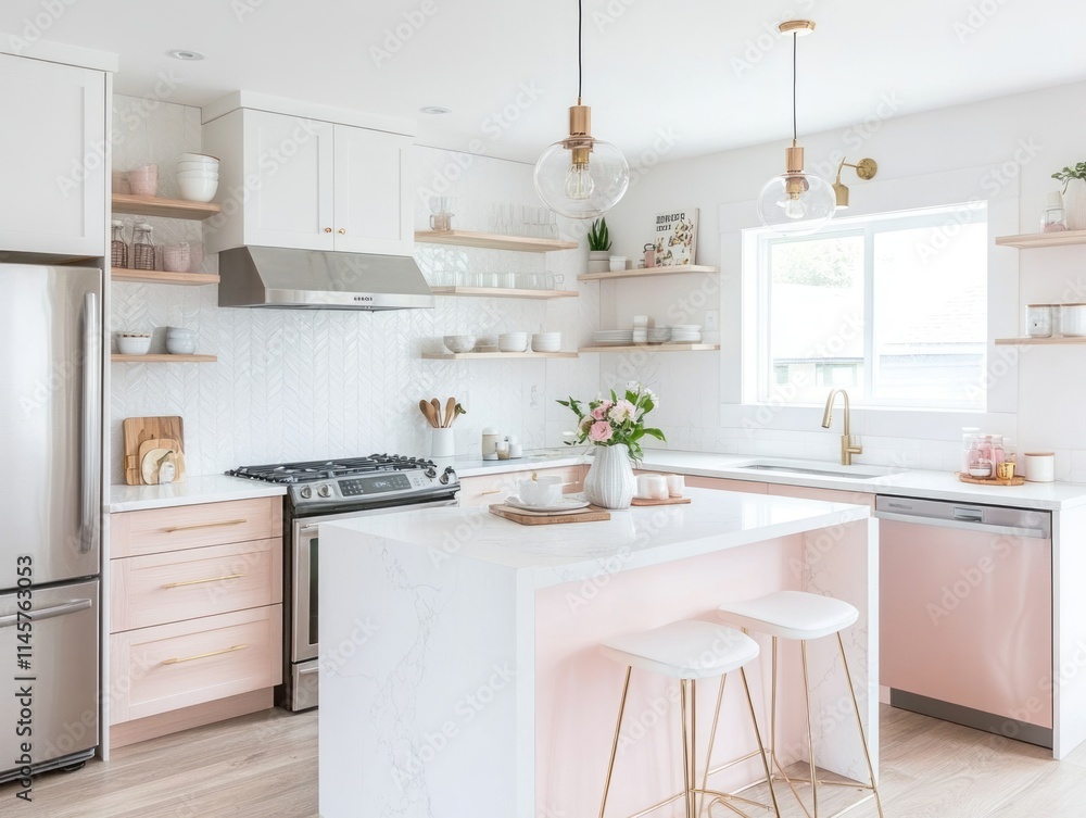 Modern Pink Kitchen Island With White Quartz Countertop Modern Pink Kitchen Island With White Quartz Countertop