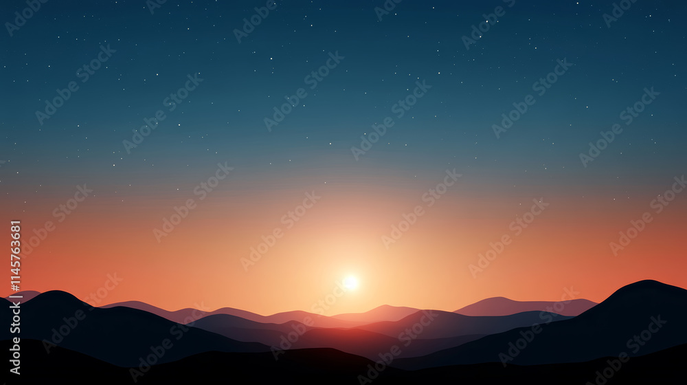 Stunning sunset over rolling mountains with a tranquil sky in twilight hues Stunning sunset over rolling mountains with a tranquil sky in twilight hues