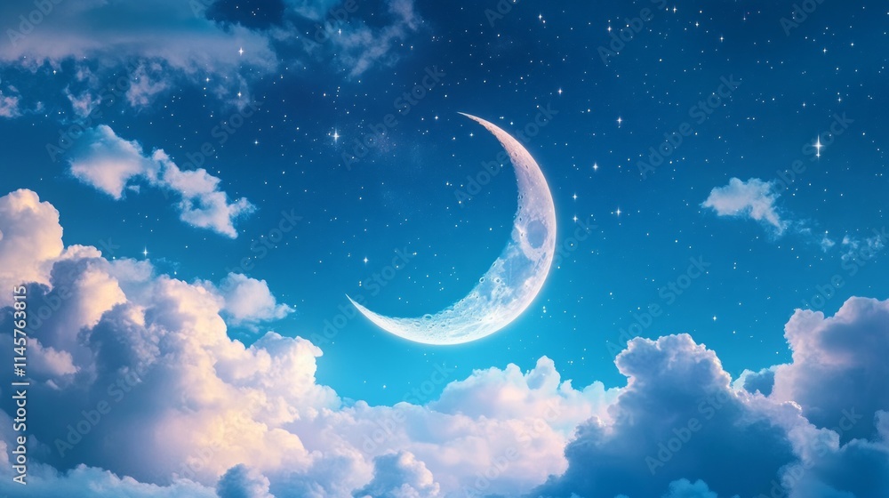 Fototapeta premium crescent moon surrounded by soft clouds, stars, and a gradient night sky, suitable for bedtime or fantasy books.