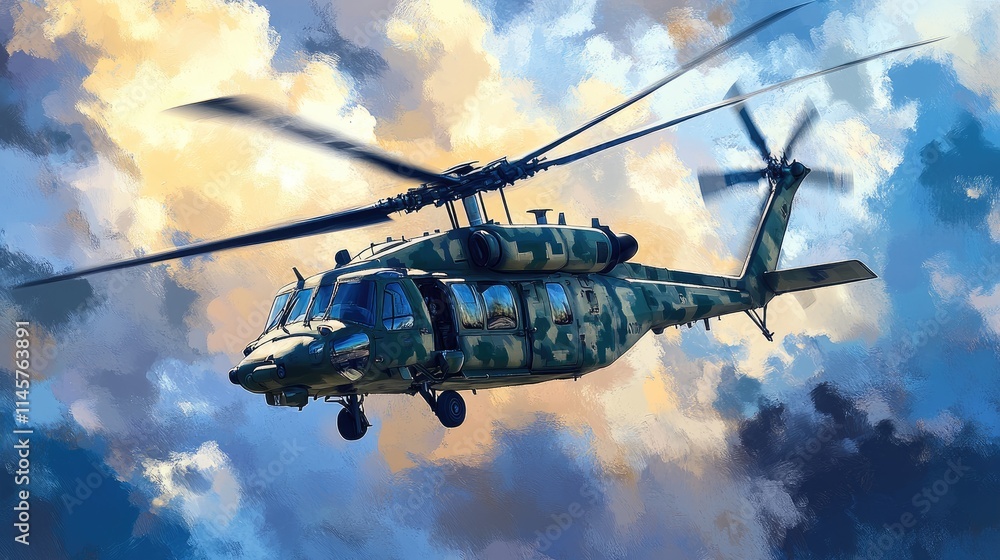 Fototapeta premium Camouflaged military helicopter soaring through vibrant clouds in a dynamic aerial display and showcasing advanced technology and speed