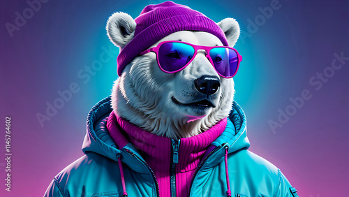 Polar bear with sunglasses and winter skiing outfit. Abstract colorful gradient background