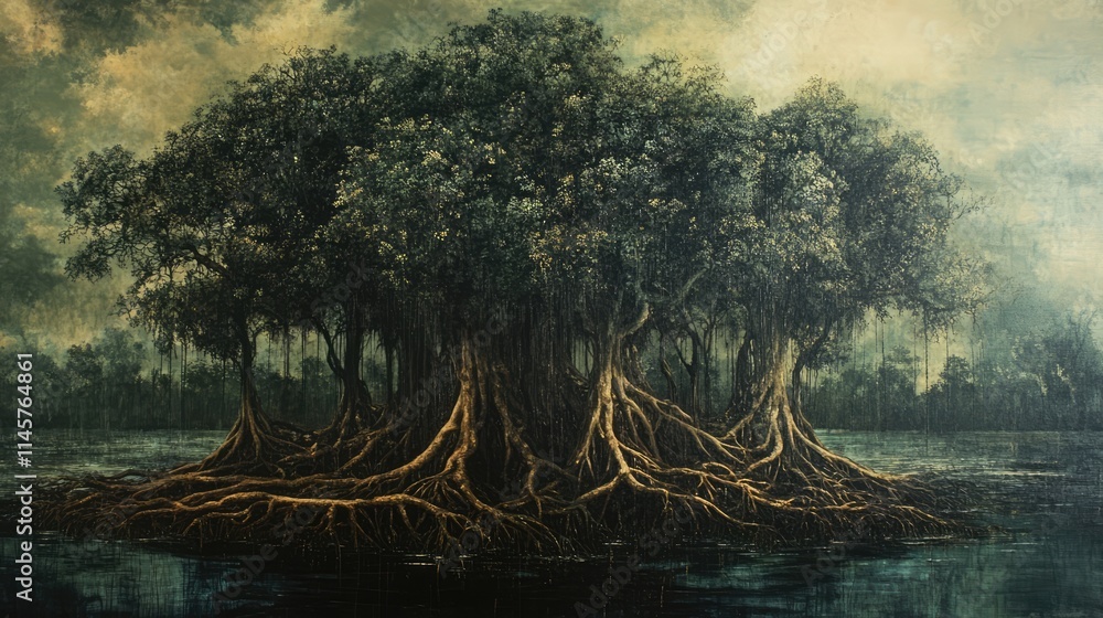 Fototapeta premium Majestic mangrove tree roots reflected in tranquil water showcasing nature's resilience and beauty in coastal ecosystems
