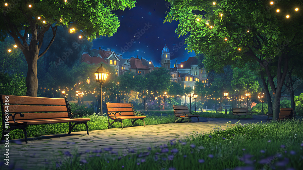 Obraz premium City park with wooden benches, green trees and grass, lanterns and town buildings on skyline at night. Vector cartoon summer landscape with empty public garden with street lights and seats at evening