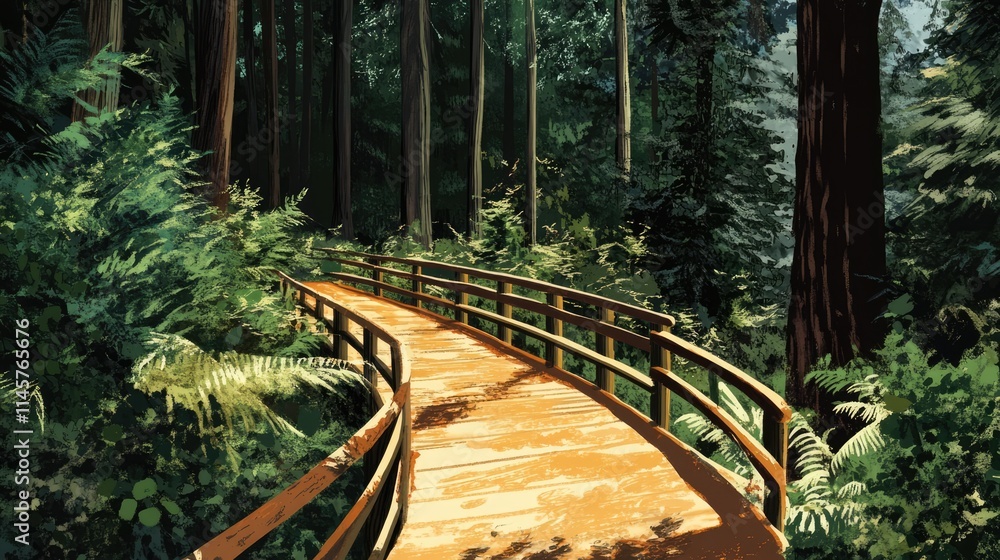 Pathway with railings winding through a lush green forest showcasing the harmony of nature and architectural design Pathway with railings winding through a lush green forest showcasing the harmony of nature and architectural design
