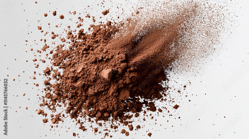 Isolated flying cocoa powder top view on transparent background. Brown coffee dust particles vector texture. 3d arabica granule explode illustration. Realistic caffeine grainy stroke design template Isolated flying cocoa powder top view on transparent background. Brown coffee dust particles vector texture. 3d arabica granule explode illustration. Realistic caffeine grainy stroke design template