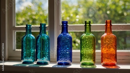 Glass Bottles Reflecting Sunlight on a Windowsill