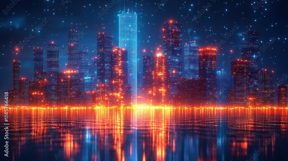 Obraz premium Futuristic city skyline at night with reflections.