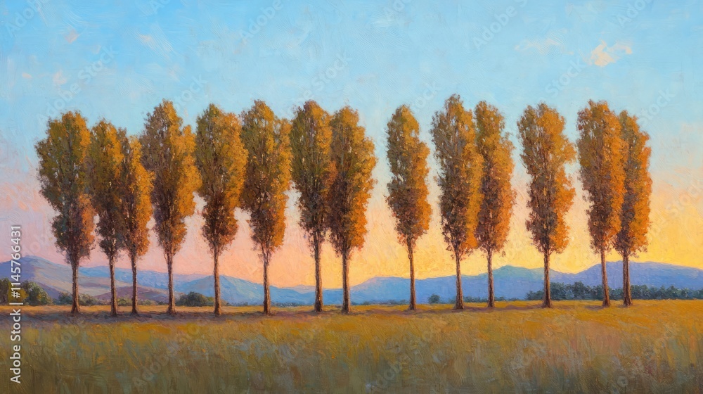 Fototapeta premium Golden Sunset Illuminating a Row of Autumn Trees Against a Serene Landscape