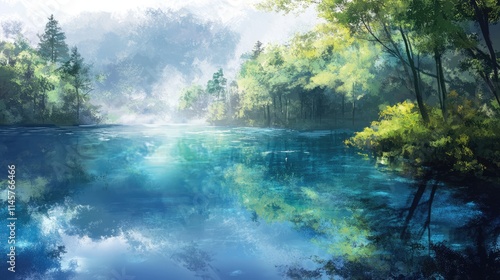 Serene landscape featuring transparent river water reflecting surrounding lush greenery and trees in a tranquil natural environment