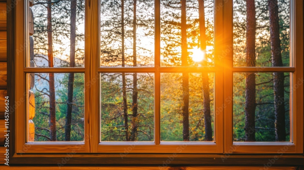 Sunrise through a cabin window overlooking a pine forest. Sunrise through a cabin window overlooking a pine forest.