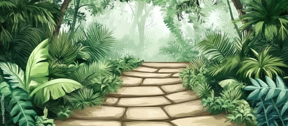 Obraz premium Lush forest pathway with stone steps leading through vibrant tropical foliage and misty ambiance in a serene rainforest setting