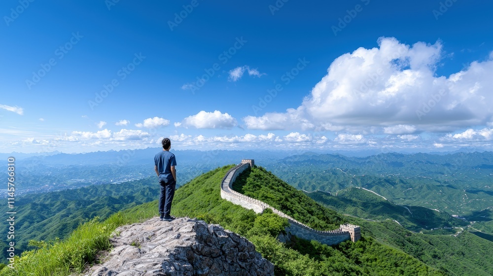 Man overlooking the Great Wall of China on a mountaintop.