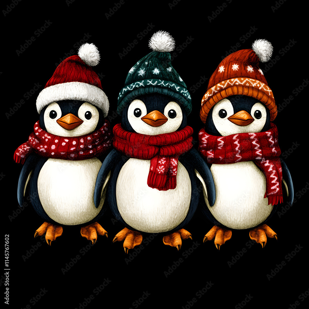 Fototapeta premium Festive penguins wearing scarves winter wonderland digital art cozy atmosphere close-up playful concept